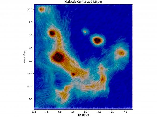 Image 3. Color scale in the image shows the amount of infrared (heat) radiation coming from warm dust particles in the filaments and luminous stars within a light year of the Galactic centre. 